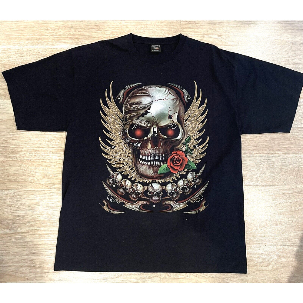 Vintage 90s Y2K SURVIVORS Skulls 3D Wings Rose Studs & Piercings T-Shirt Men 2XL